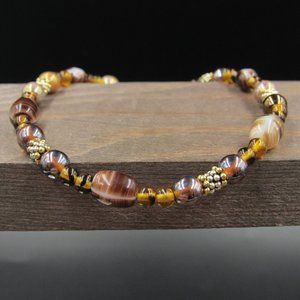 9" Sterling Silver Unique Brown Glass Ankle Bracelet Vintage